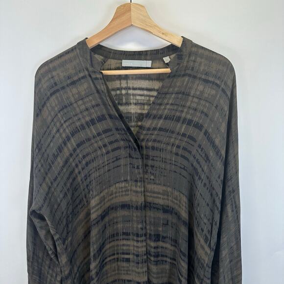 Vince 100% Silk Long Sleeve Button Front Brown Striped Tunic Blouse Womens XS - Picture 3 of 16
